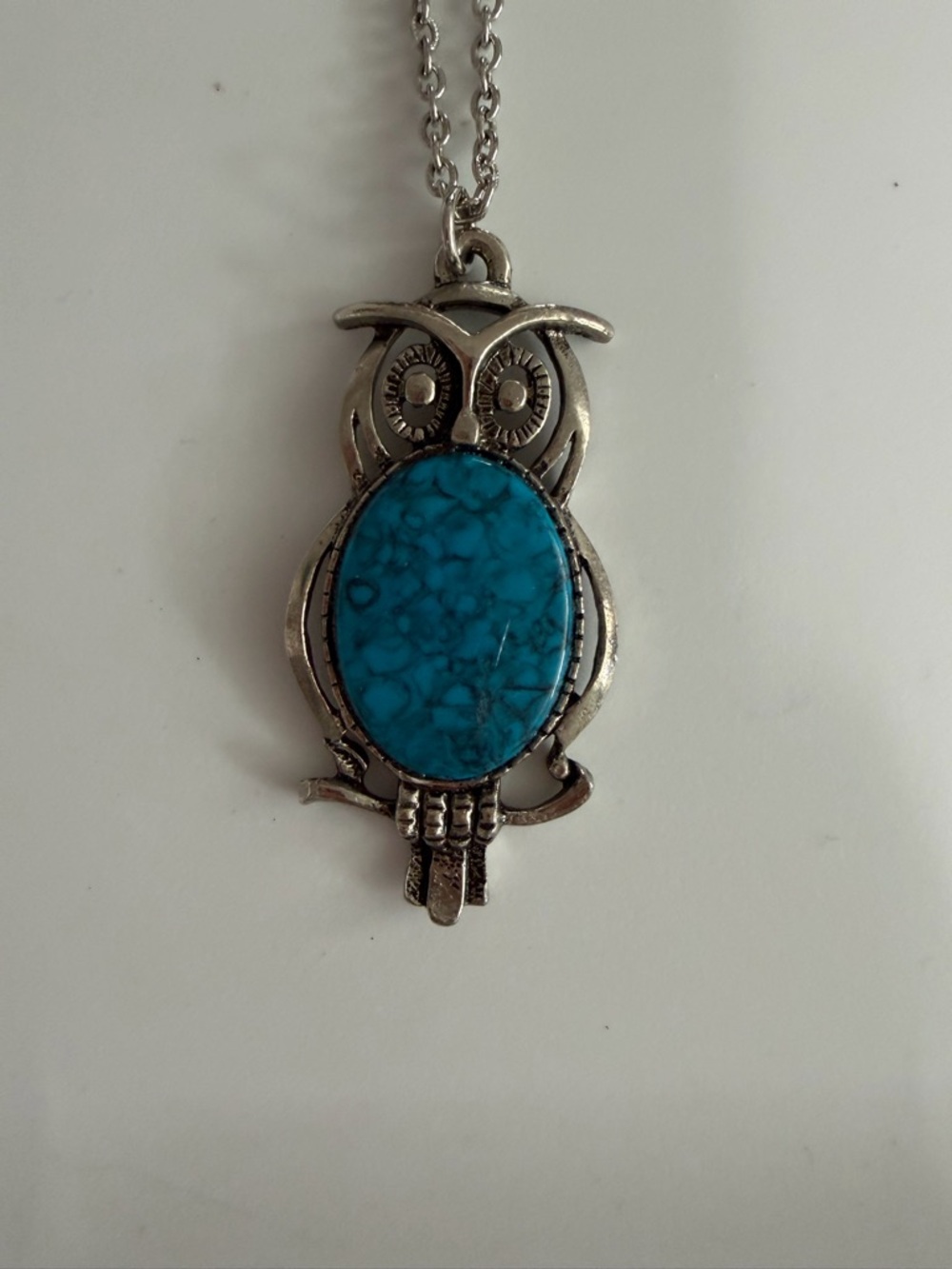 Silver Owl Pendant Necklace with Turquoise Stone